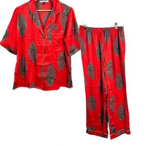 Their Nibs Red Peacock‎ Feather Satin Pajama Set Button Top & Pants - Size M